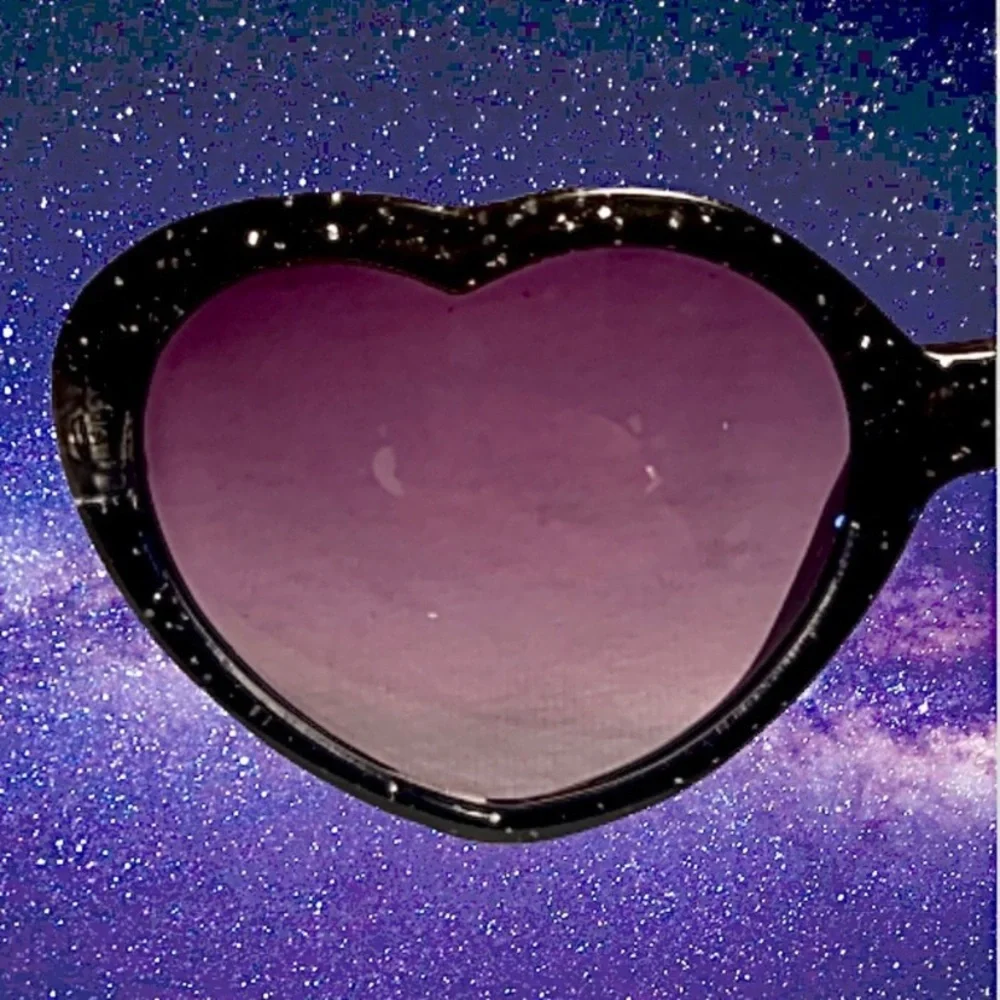 Girls Heart Shaped Sunglasses Black Glitter Frames & Purple Lenses